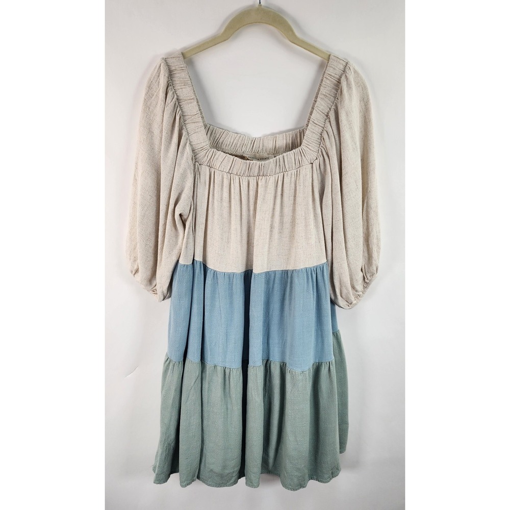 Saints & Hearts Tiered Dress Women's S Linen Blend Colorblock Cottage Core